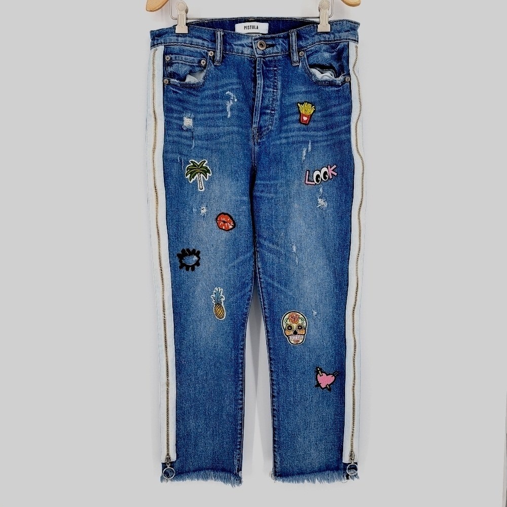 Pistola Denim Jeans Womens 29 Blue Patchwork Side Zip Distressed Straight Leg